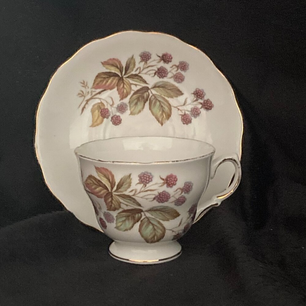 Vintage Royal Vale #7976 Black Berries And Leaves Tea Cup and Saucer